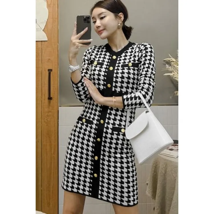 Women's Winter Houndstooth Fashion Single Breasted Knitted O-Neck Dress