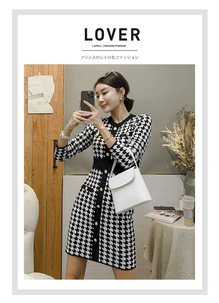 Women's Winter Houndstooth Fashion Single Breasted Knitted O-Neck Dress