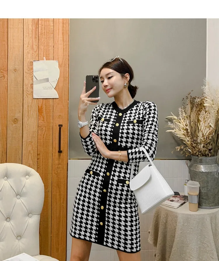 Women's Winter Houndstooth Fashion Single Breasted Knitted O-Neck Dress