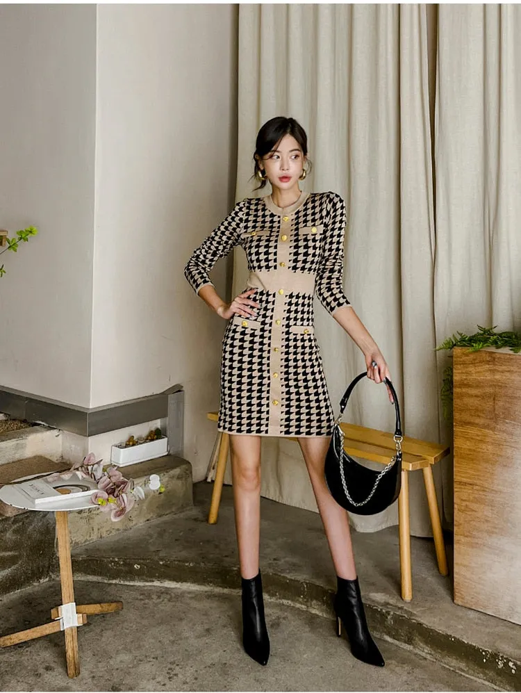 Women's Winter Houndstooth Fashion Single Breasted Knitted O-Neck Dress