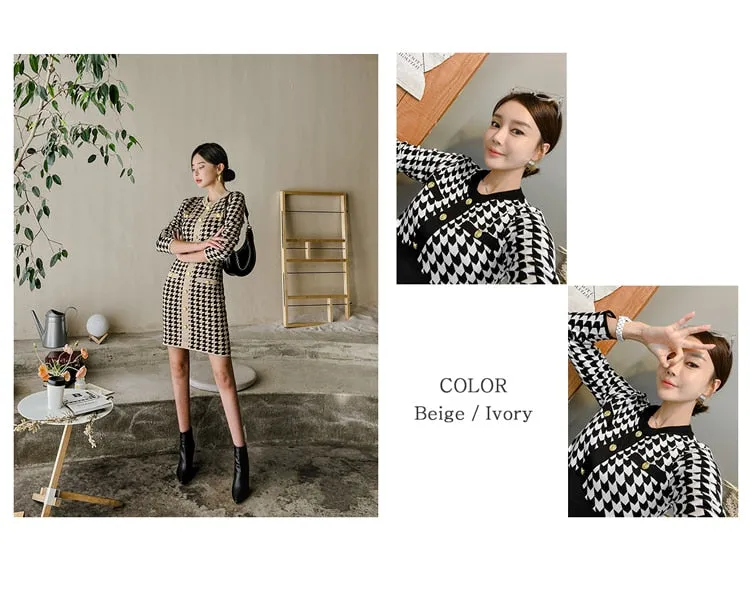 Women's Winter Houndstooth Fashion Single Breasted Knitted O-Neck Dress