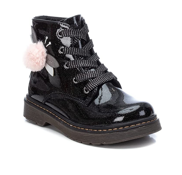 XTI Black Glitter Faux Patent Girls Boots - Inside Zip Closure - 5 Eyelet Design